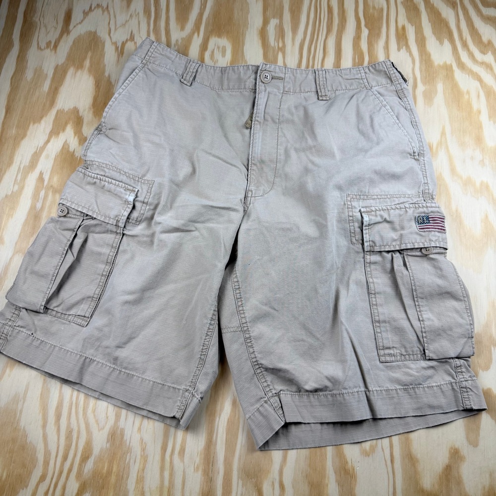 Y2K Polo Jeans Co Ralph Lauren Mens 34 Tan Ripstop Cargo Shorts American Flag